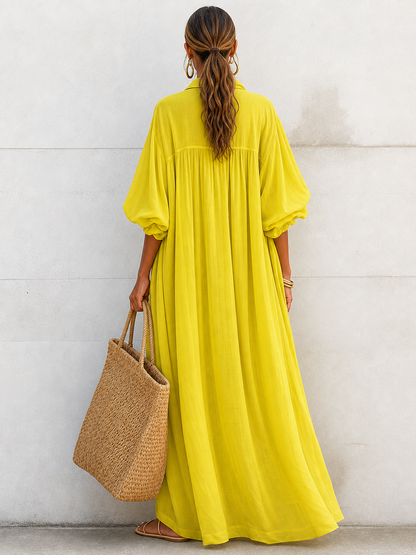 Women's Vacation-Style Flowy Lemon Yellow Cotton-Linen Oversized Shirt Dress