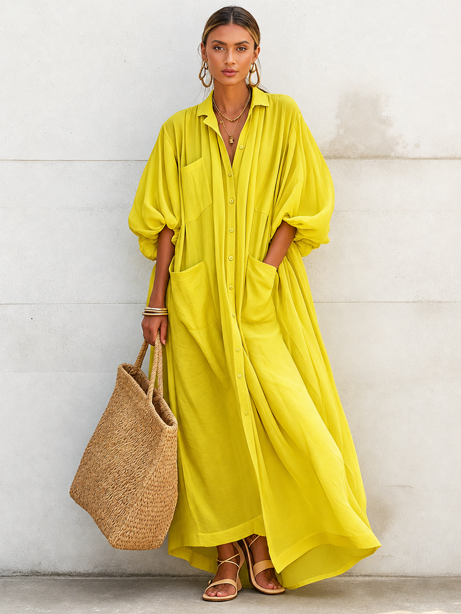 Women's Vacation-Style Flowy Lemon Yellow Cotton-Linen Oversized Shirt Dress