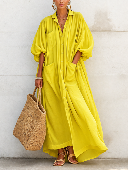 Women's Vacation-Style Flowy Lemon Yellow Cotton-Linen Oversized Shirt Dress