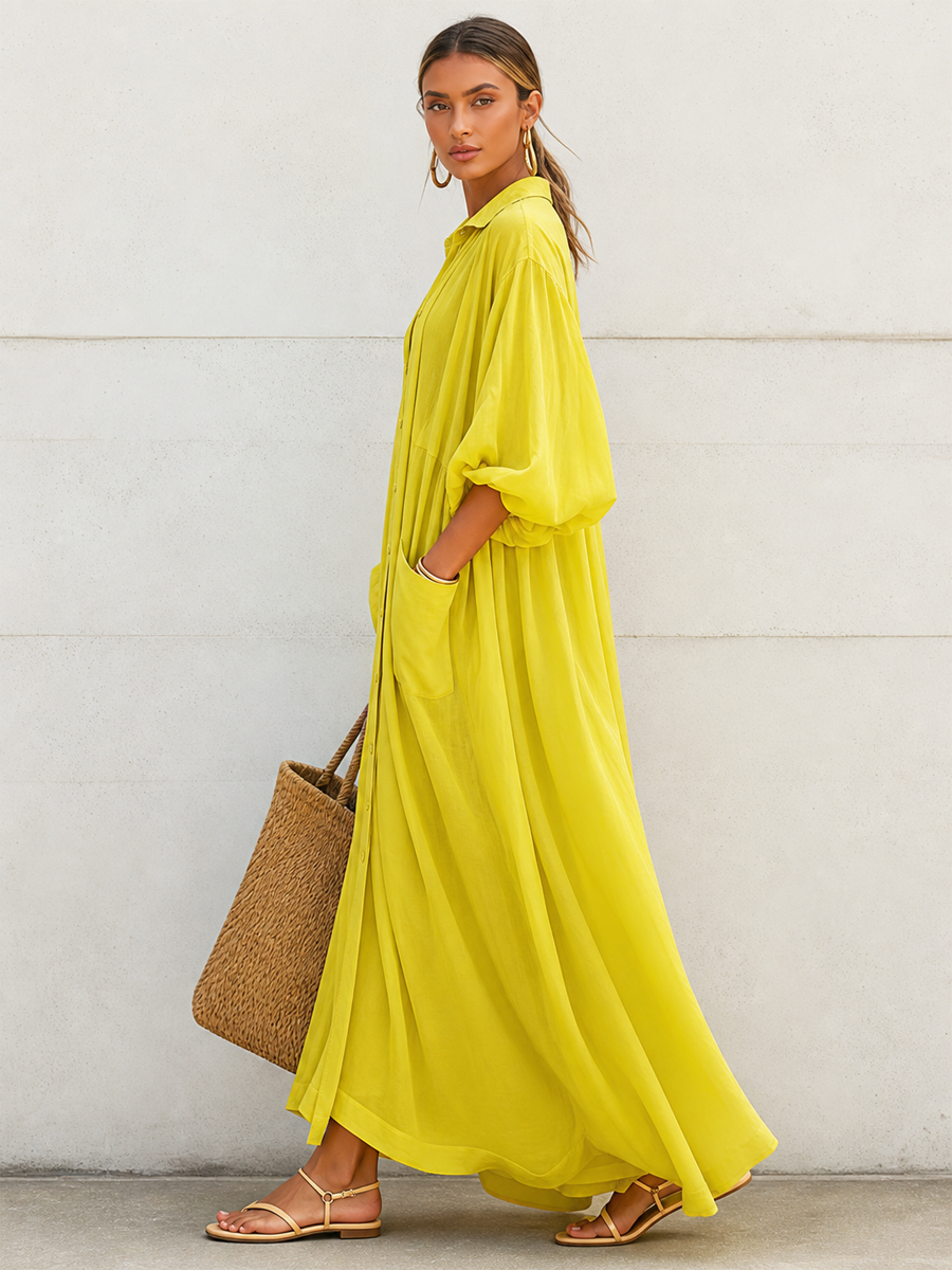 Women's Vacation-Style Flowy Lemon Yellow Cotton-Linen Oversized Shirt Dress