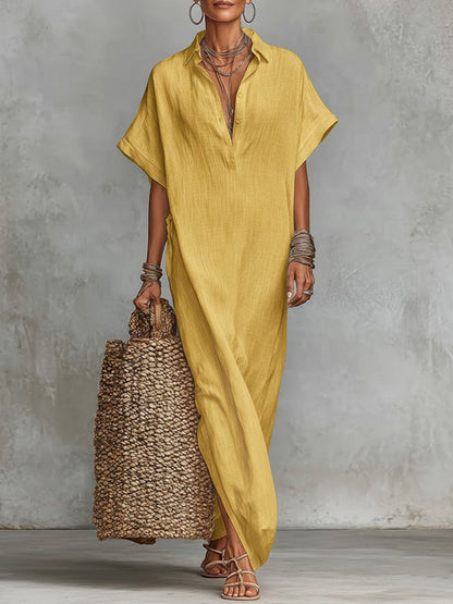 Robe décontractée ample en lin pour femme, unie, à col et à manches courtes