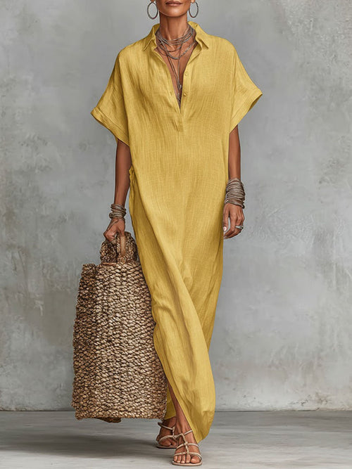 Robe décontractée ample en lin pour femme, unie, à col et à manches courtes