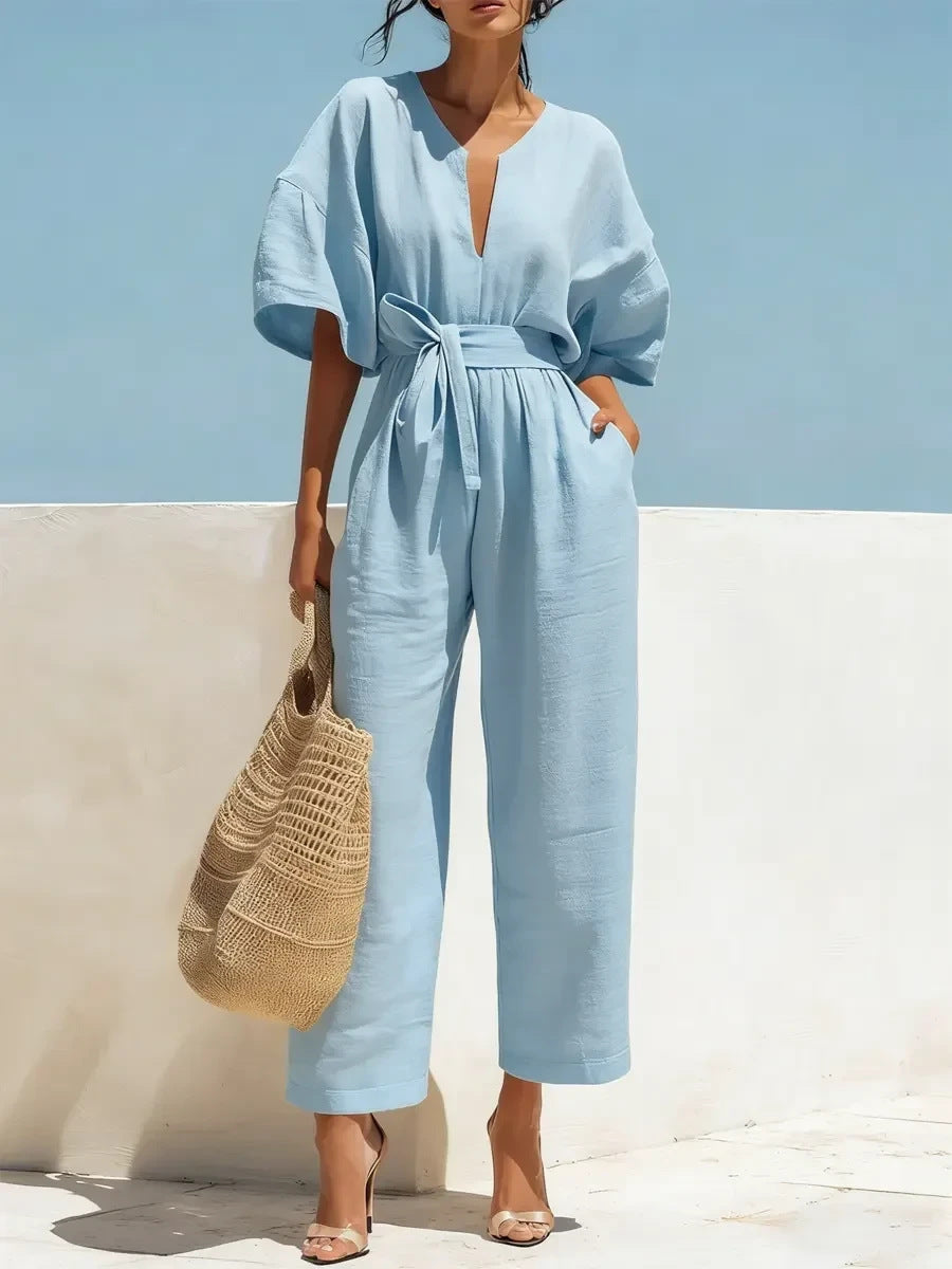 Women's Casual Linen Jumpsuit with Lantern Sleeves