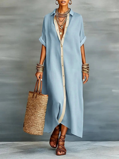 Robe longue à revers, à manches courtes amples, avec boutons, poches et coutures‑fendues
