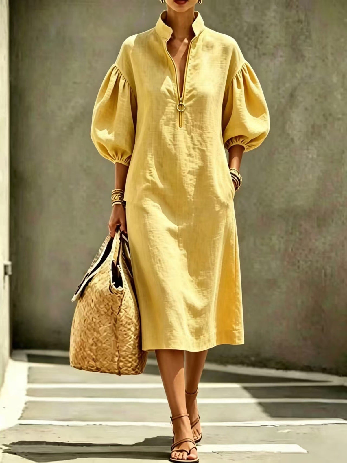 Stand Collar Half Zip Puff Sleeve Linen Blend Midi Dress, Loose Pocket Casual Vacation Long Dress