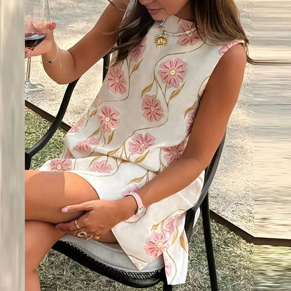 Élégante robe mini femme d’été, col rond sans manches, coupe ample, imprimé floral, style bohème‑chic, idéale pour les vacances et les soirées