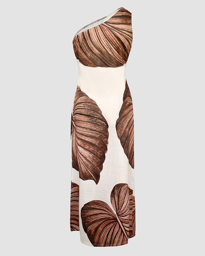 Maxi‑robe moulante à imprimé tropical, une épaule nue, avec fente, coupe ajustée et séduisante