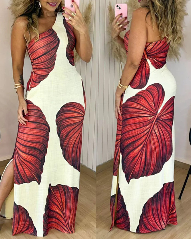 Maxi‑robe moulante à imprimé tropical, une épaule nue, avec fente, coupe ajustée et séduisante