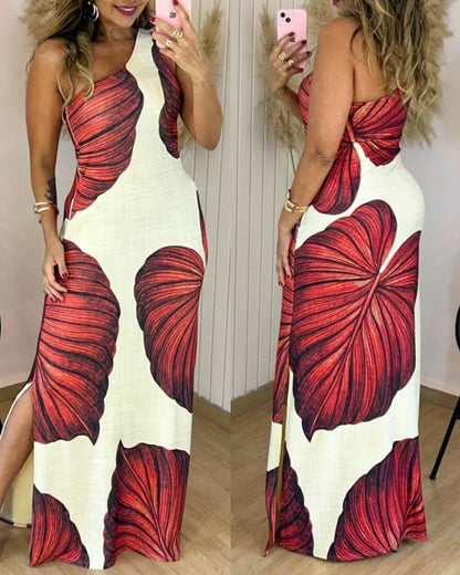 Maxi‑robe moulante à imprimé tropical, une épaule nue, avec fente, coupe ajustée et séduisante