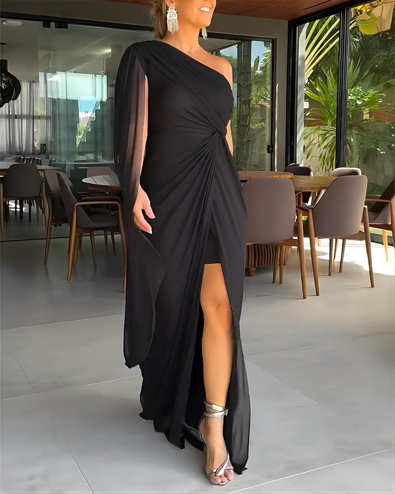 Robe de soirée à une épaule, manches cape en maille asymétriques, taille torsadée froncée, robe de fente froncée à la taille pour les soirées