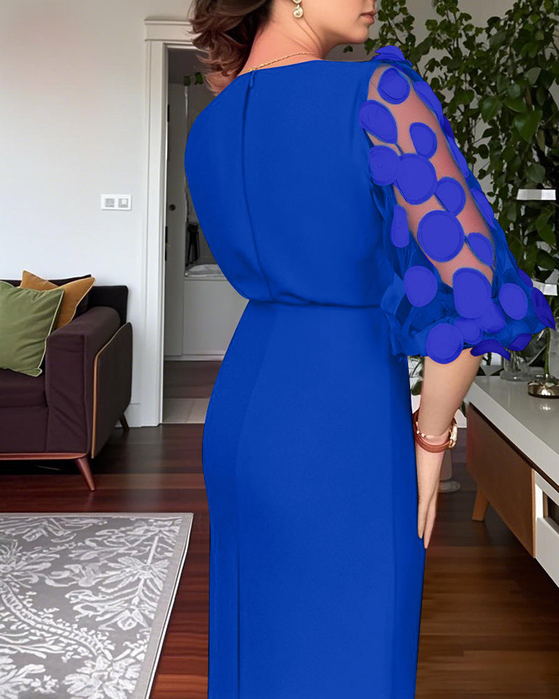 Robe de travail à manches lanternes en résille avec appliqués à pois 3D, fermeture zip au dos et fente, taille cintrée, coupe ajustée, longueur mi-longue avec ceinture