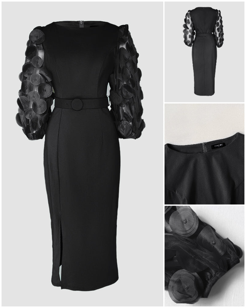 Robe de travail à manches lanternes en résille avec appliqués à pois 3D, fermeture zip au dos et fente, taille cintrée, coupe ajustée, longueur mi-longue avec ceinture