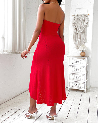 Robe de vacances sans manches à fronces, taille cintrée, style bandeau drapé, broderie œillets, fente et ourlet asymétrique