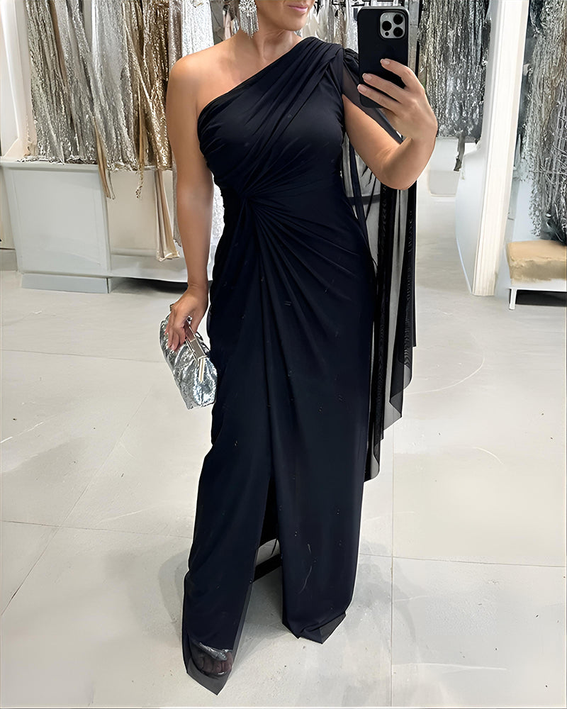 Robe de soirée à une épaule, manches cape en maille asymétriques, taille torsadée froncée, robe de fente froncée à la taille pour les soirées