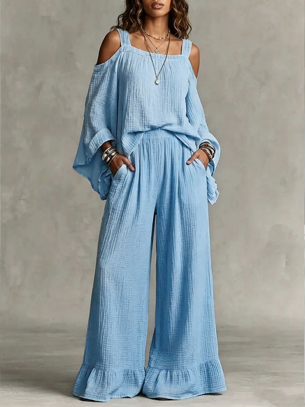 Women Solid Textured Cold Shoulder Batwing Top Elastic Waist Ruffle Wide Leg Pants Matching Set