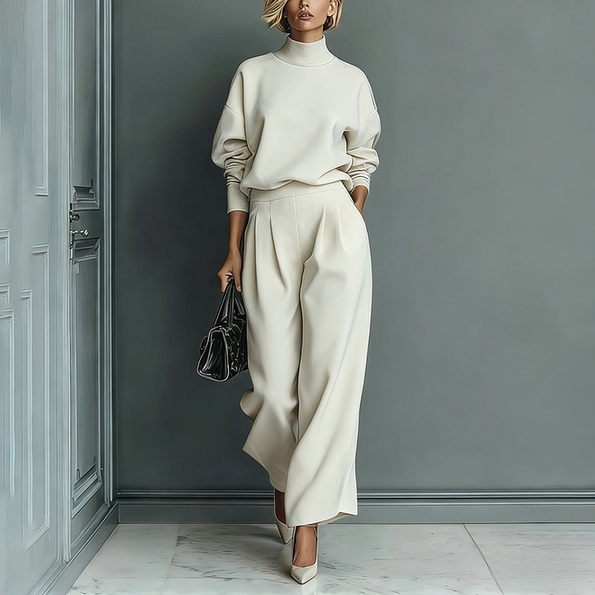 Ensemble haut à manches longues col roulé en velours élégant et pantalon large décontracté avec poches