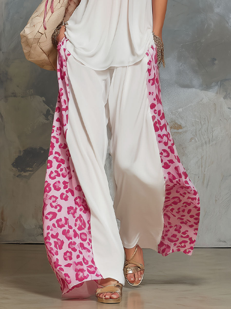 Ensemble haut et pantalon à col V sans manches en mousseline à imprimé léopard