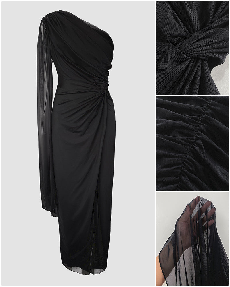 Robe de soirée à une épaule, manches cape en maille asymétriques, taille torsadée froncée, robe de fente froncée à la taille pour les soirées