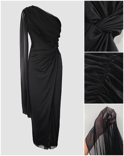 Robe de soirée à une épaule, manches cape en maille asymétriques, taille torsadée froncée, robe de fente froncée à la taille pour les soirées