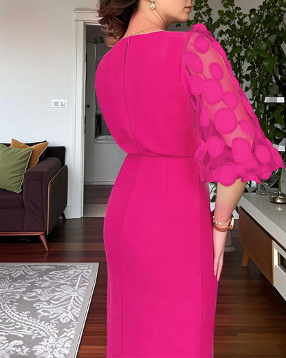Robe de travail à manches lanternes en résille avec appliqués à pois 3D, fermeture zip au dos et fente, taille cintrée, coupe ajustée, longueur mi-longue avec ceinture