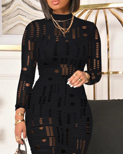 Robe moulante à col montant, manches longues et découpes creuses, robe de soirée sexy