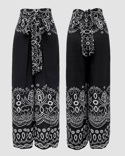 2 Pieces Outfits Tribal Print Keyhole Neck Sleeveless Top and Wide Leg Tied Detail Slit Pants Sets