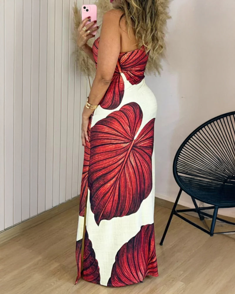 Maxi‑robe moulante à imprimé tropical, une épaule nue, avec fente, coupe ajustée et séduisante