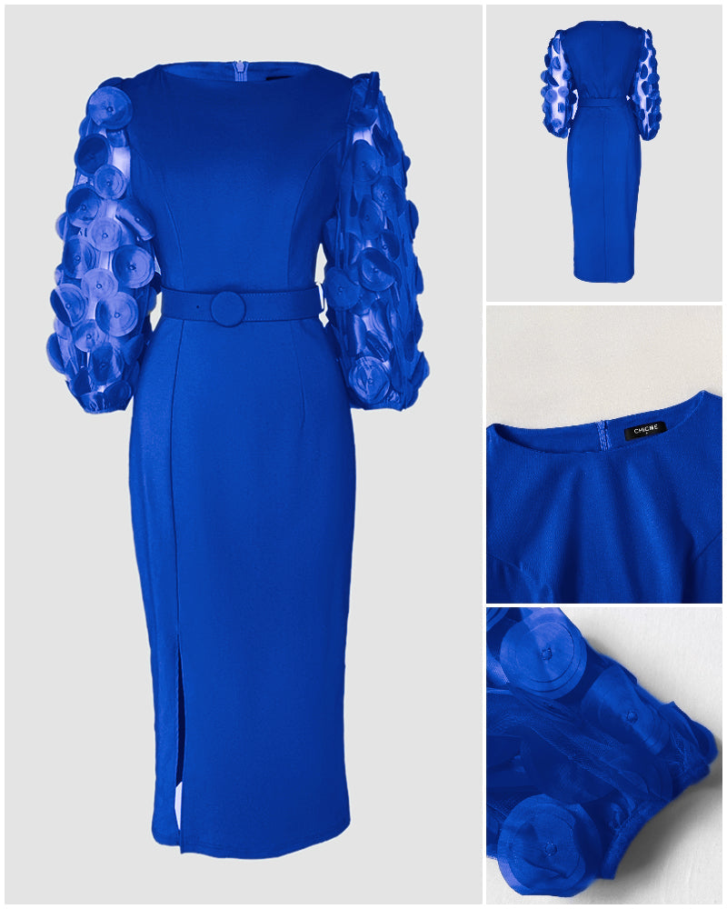 Robe de travail à manches lanternes en résille avec appliqués à pois 3D, fermeture zip au dos et fente, taille cintrée, coupe ajustée, longueur mi-longue avec ceinture