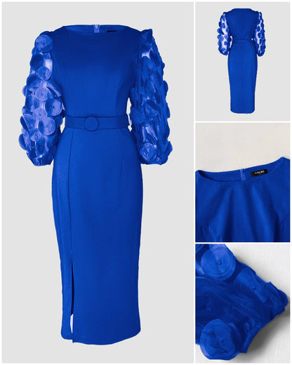 Robe de travail à manches lanternes en résille avec appliqués à pois 3D, fermeture zip au dos et fente, taille cintrée, coupe ajustée, longueur mi-longue avec ceinture