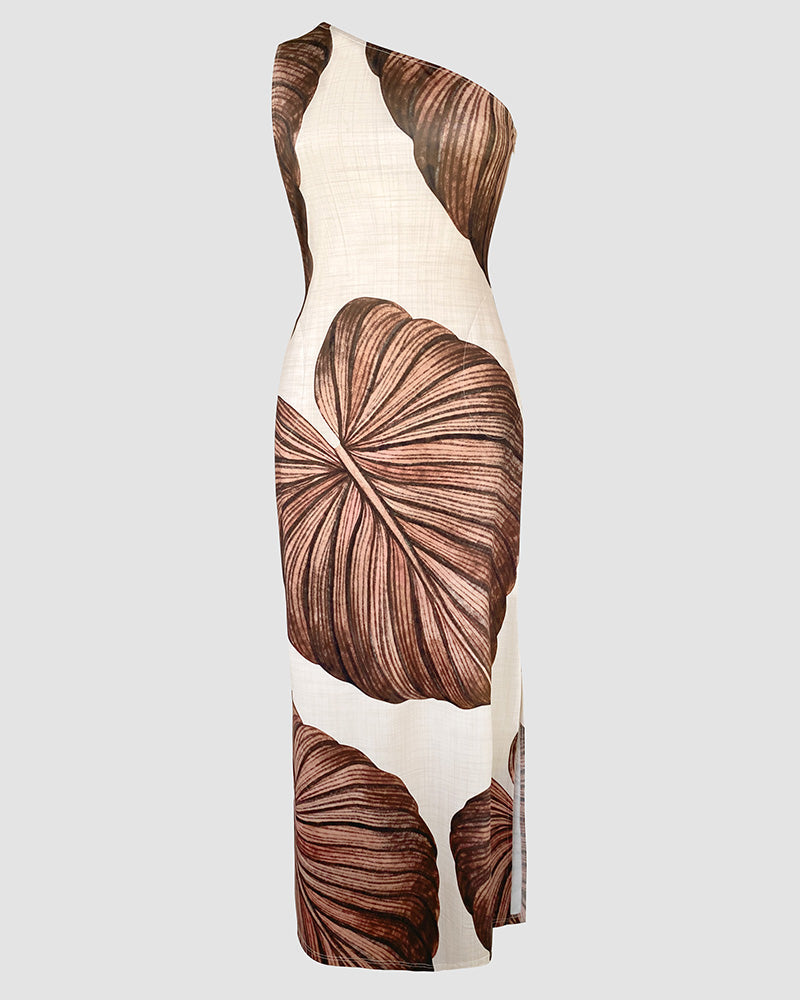 Maxi‑robe moulante à imprimé tropical, une épaule nue, avec fente, coupe ajustée et séduisante