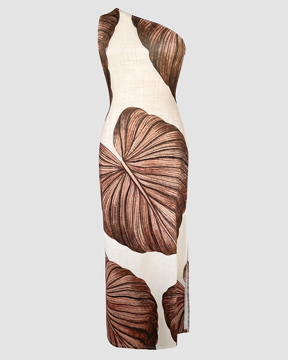 Maxi‑robe moulante à imprimé tropical, une épaule nue, avec fente, coupe ajustée et séduisante