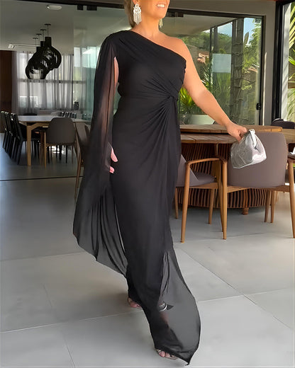 Robe de soirée à une épaule, manches cape en maille asymétriques, taille torsadée froncée, robe de fente froncée à la taille pour les soirées