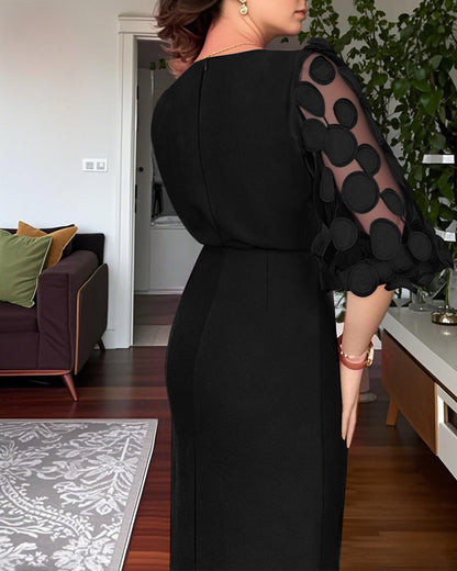Robe de travail à manches lanternes en résille avec appliqués à pois 3D, fermeture zip au dos et fente, taille cintrée, coupe ajustée, longueur mi-longue avec ceinture
