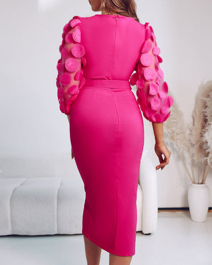 Robe de travail à manches lanternes en résille avec appliqués à pois 3D, fermeture zip au dos et fente, taille cintrée, coupe ajustée, longueur mi-longue avec ceinture