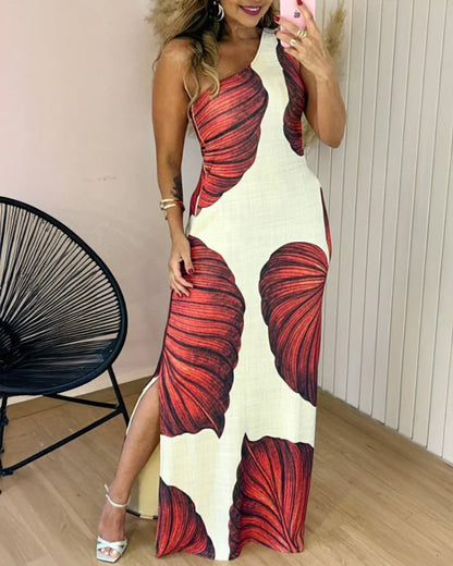 Maxi‑robe moulante à imprimé tropical, une épaule nue, avec fente, coupe ajustée et séduisante