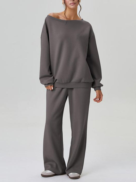 Ensemble haut à manches longues épaules découvertes et pantalon à jambes larges pour femme