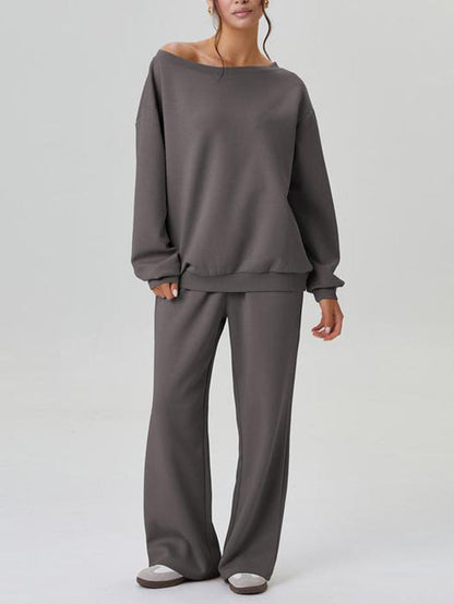 Ensemble haut à manches longues épaules découvertes et pantalon à jambes larges pour femme