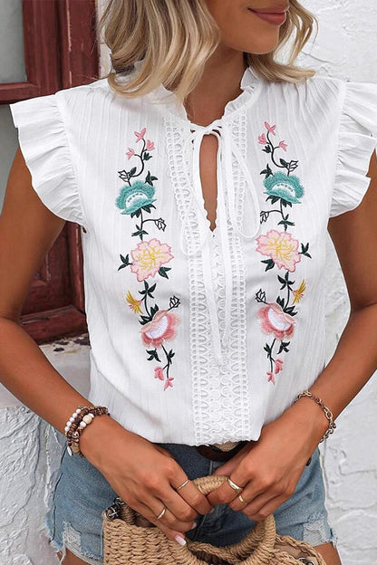 Tops décontractés à manches volantées avec broderie mode