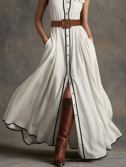 Robe‑chemise longue ceinturée avec passepoils contrastés