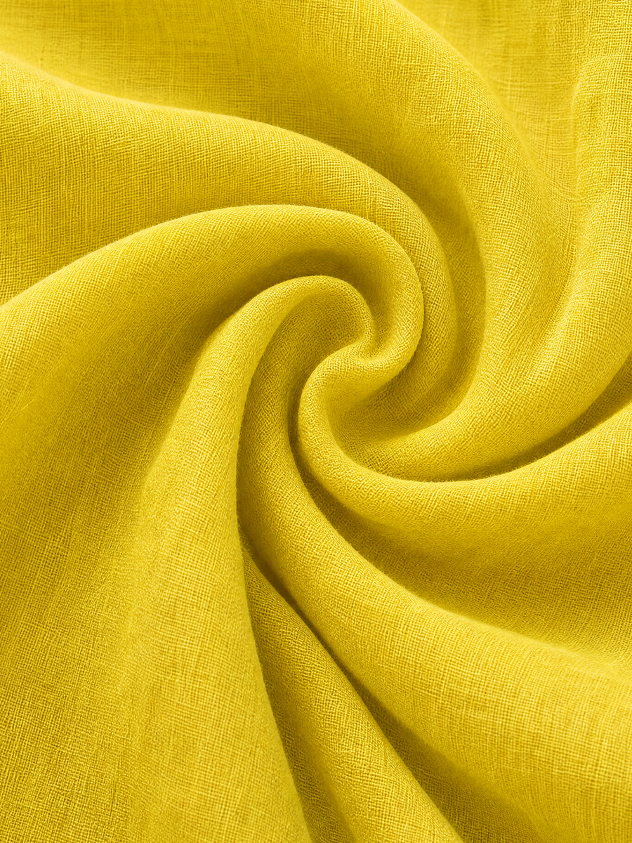 Women's Vacation-Style Flowy Lemon Yellow Cotton-Linen Oversized Shirt Dress