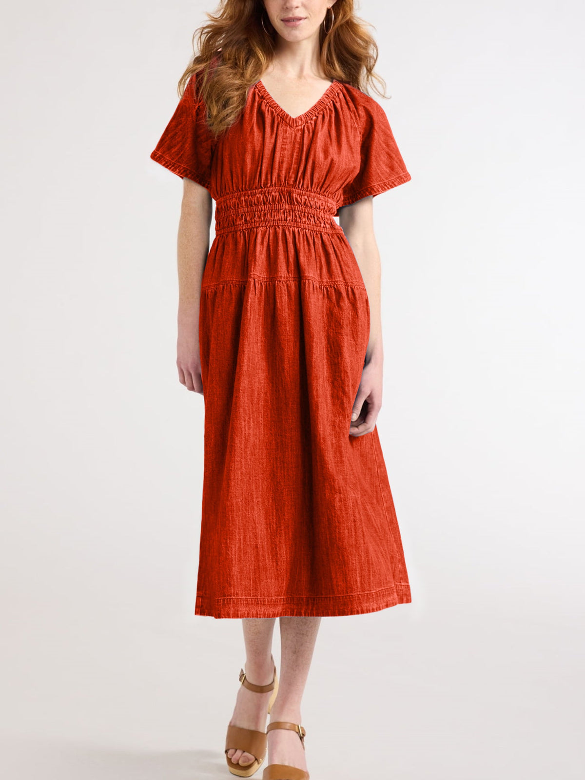 Robe midi décontractée femme en jean léger à volants, en promotion