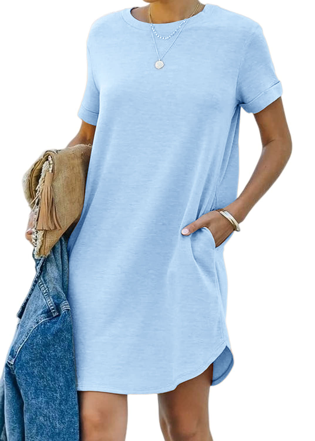 🔥Robe‑t‑shirt décontractée à manches courtes pour femme, robes basiques avec poches (Livraison gratuite à l'achat de 2)