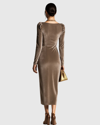 Draped pleated velvet midi dress