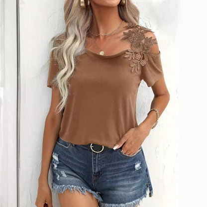 T‑shirt à dentelle mode avec coutures unies, hauts pour femmes