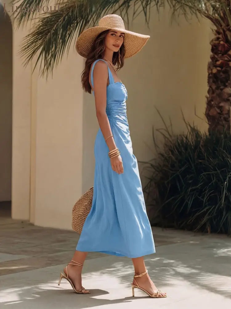 🔥 2026 Summer Must-Have | Ruched Sweetheart Midi Dress - Sky blue / S