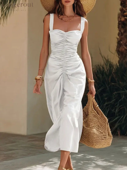 🔥 2026 Summer Must-Have | Ruched Sweetheart Midi Dress - White / S