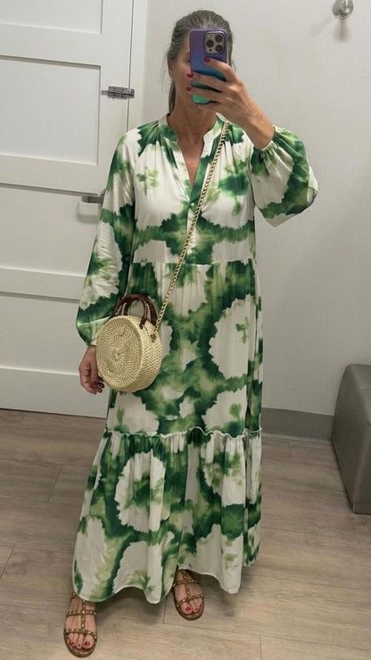 Robe maxi verte à manches longues et col en V