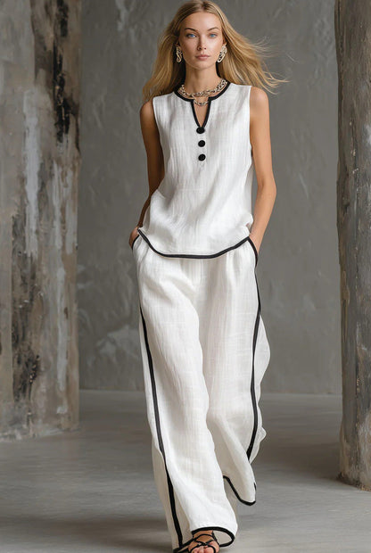 Ensemble haut sans manches et pantalon ample en coton‑lin à blocs de couleur