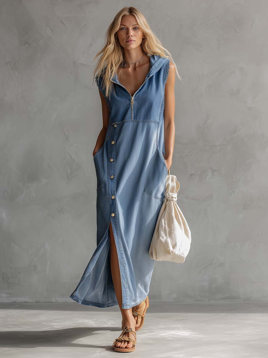 Robe midi en jean bleu vintage décontractée et raffinée, à capuche, col V, fermeture à glissière, fentes latérales et boutons