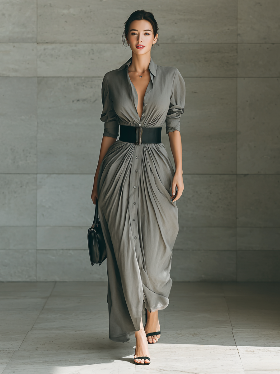 Robe maxi à revers, manches longues et ceinture, boutonnage simple.